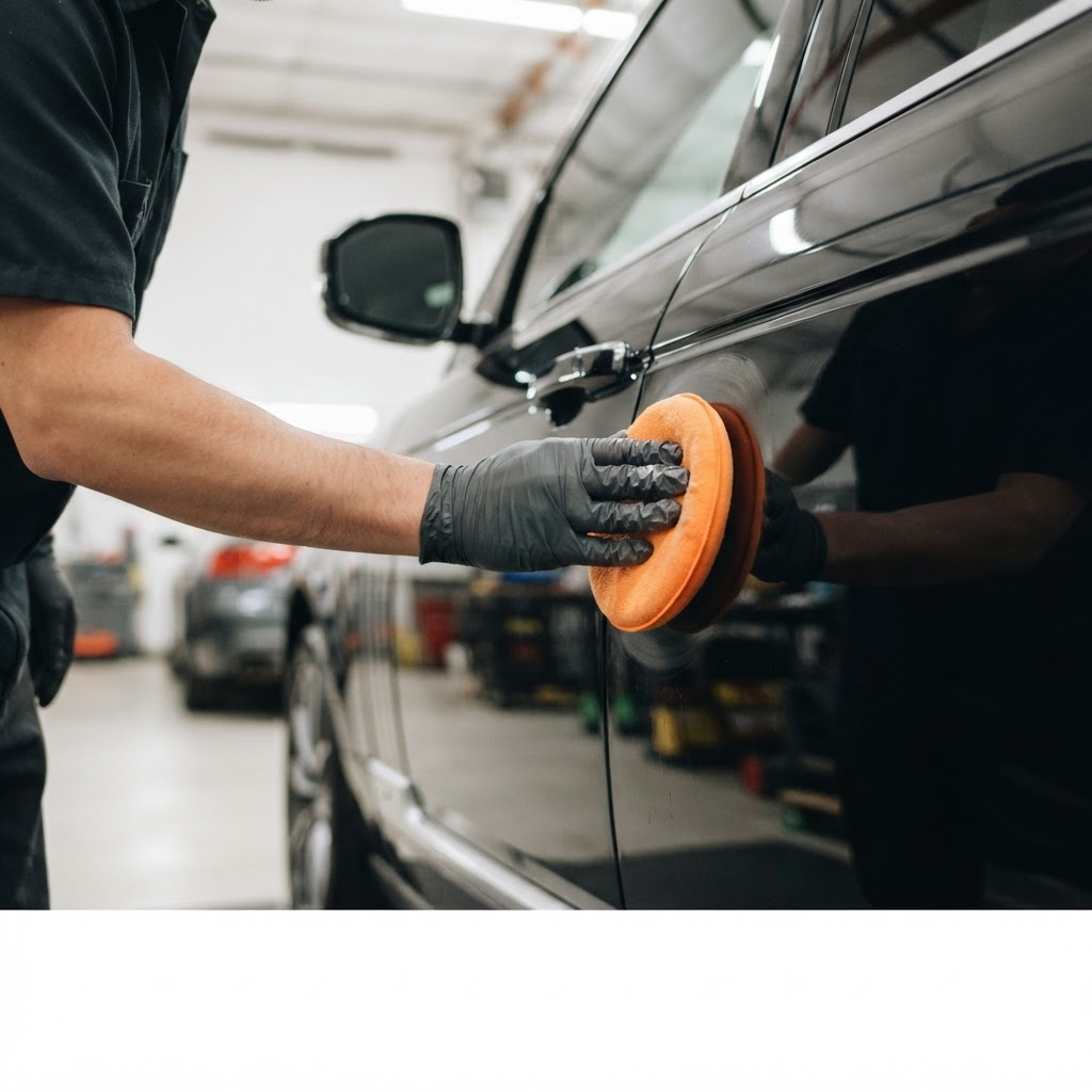 Hand polishing a car panel to a deep, swirl-free finish